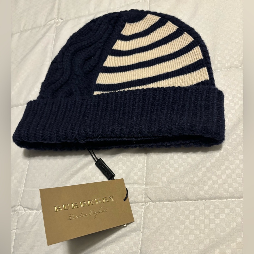 Burberry Navy Blue Chunky Cable Knit Wool and Cashmere Beanie
